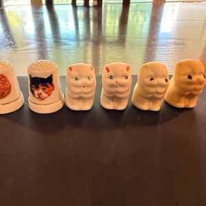 Source Unknown Ceramic Cat and Thimble Lot in White and Cream